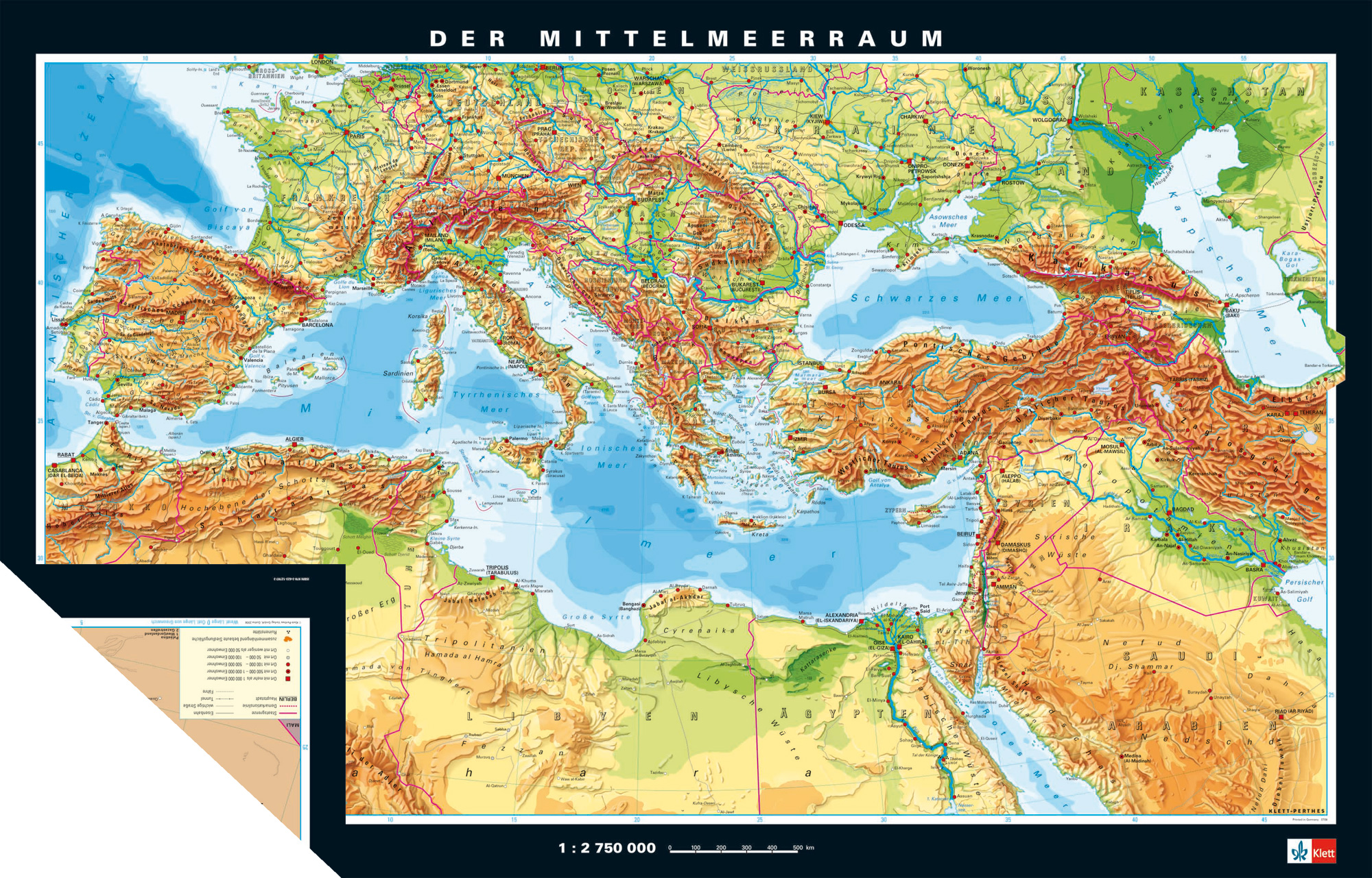 Wandkarte Mittelmeerraum physisch/politisch | LMS Lehrmittel-Service H